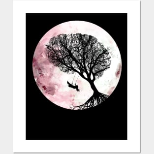 Pink moon, tree and young girl on swing ,cute, space, night, aesthetic, nature Posters and Art